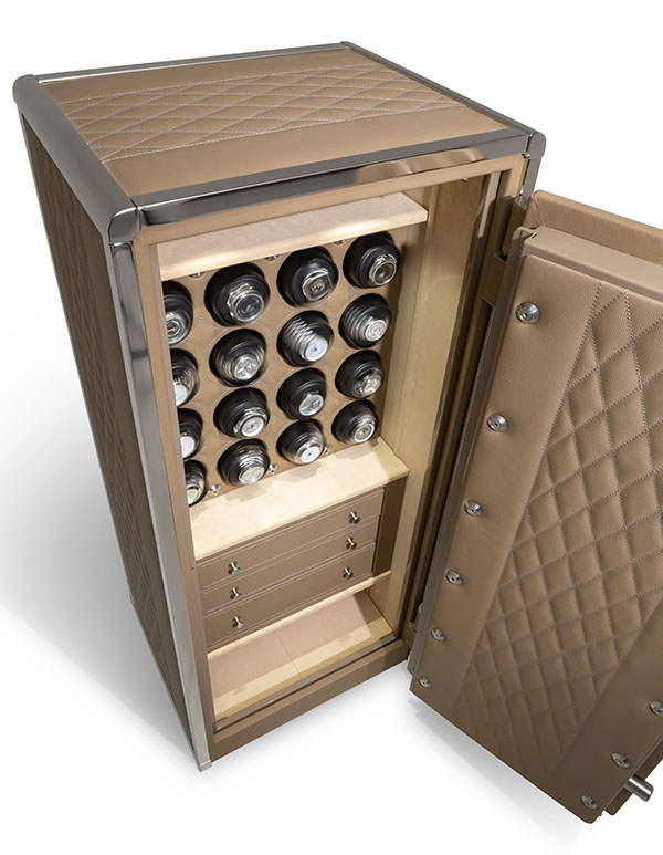 4018 tan leather safe with stitched accents and stainless frame